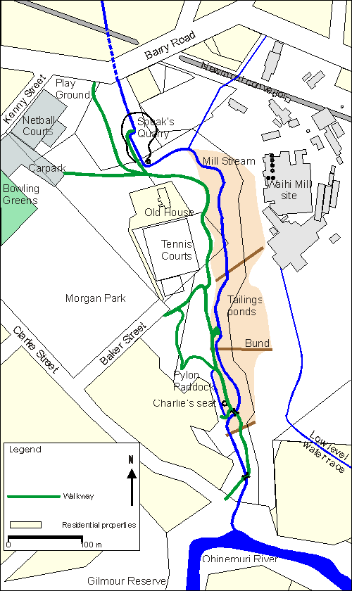 Map showing walkway, present stream alignment, Speaks Quarry, old tailings ponds and the Waihi Battery site. HP Barry's house location, and masonry retaining work at the Clarke Street culvert are shown on mouse over.