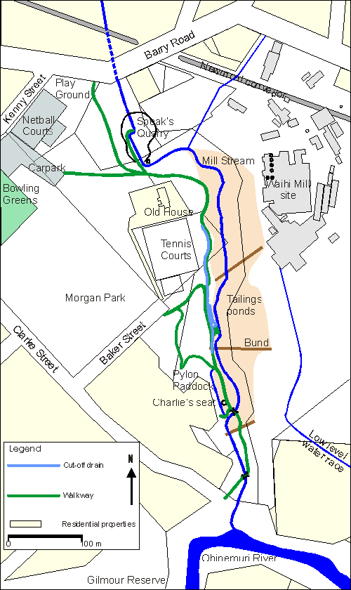 Map showing walkway, present stream alignment, cut-off drain ditches, Speaks Quarry, old tailings ponds and the Waihi Battery site. Alignment of cut-off drain is shown on mouse over.