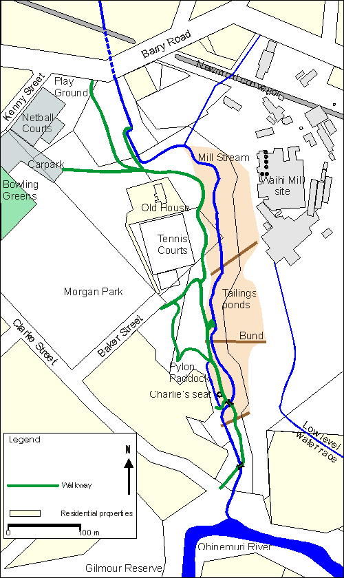 Map showing walkway, present stream alignment, old tailings ponds, and the Waihi Battery site.  Speaks Quarry, with original access road, is shown on mouse over.