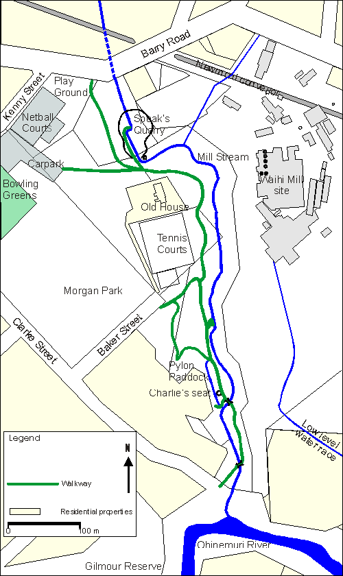Map showing walkway, present stream alignment, Speaks Quarry, and the Waihi Battery site. Old tailings ponds are shown on mouse over.