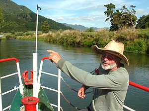 Brett on the bow  pointing out the view of Te Aroha mountain !